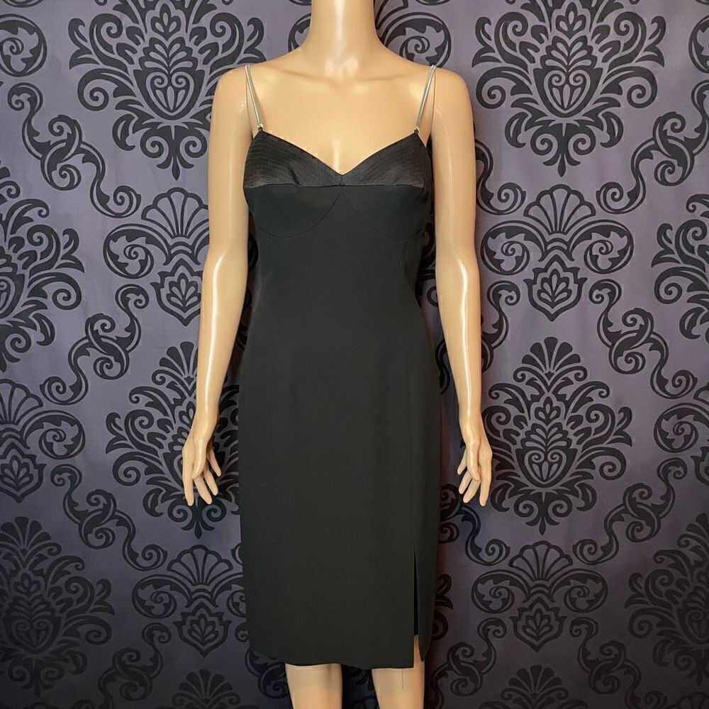 Dusk by Frank Usher Women’s 8 Evening Slip Black Midi Dress Deep Plunge Neck